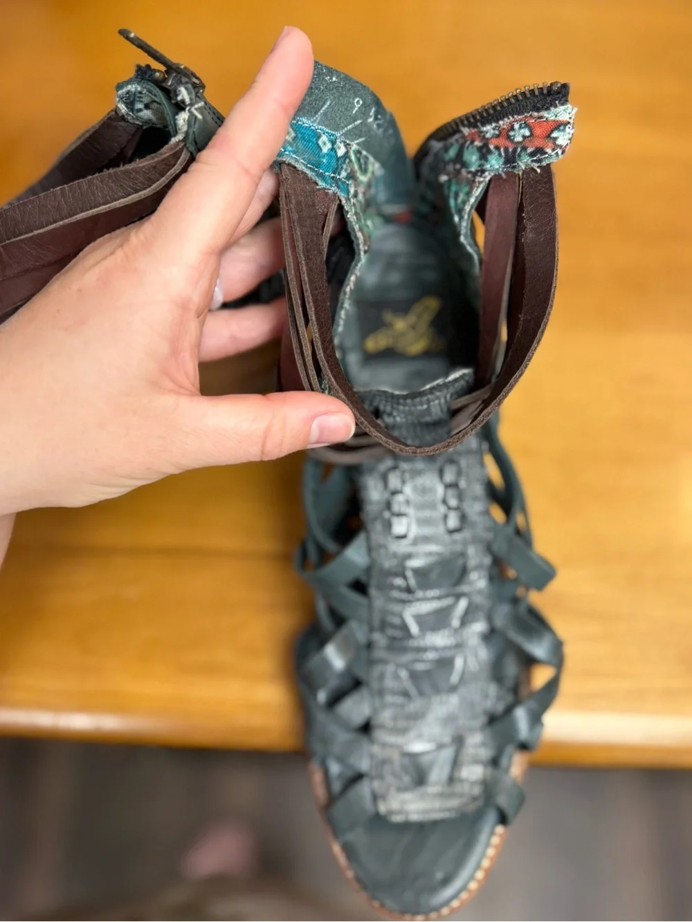 Freebird By Steven Dark Teal Leather Block Heel Sandals Brown Ankle Straps Sz 9